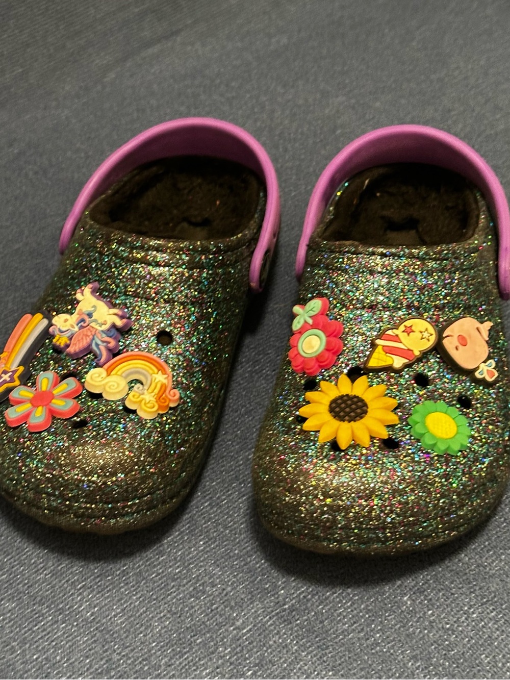 Kids Glitter Crocs Shoes with Purple Strap - Sparkle Sunflower & Rainbow Charms